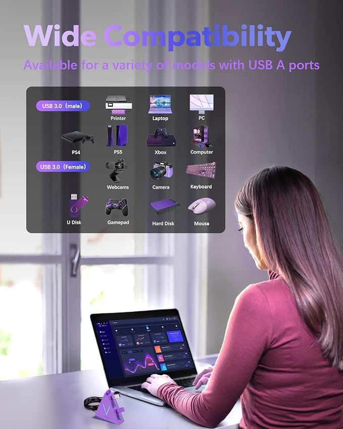 4-Port USB 3.0 Hub, FlyingVHUB USB Hub Tower with 2 ft Extended Cable,USB Splitter for Laptop,PC,PS4,PS5,Xbox,Mouse,Keyboard, Flash Drive,U-Disk (Dark Purple)