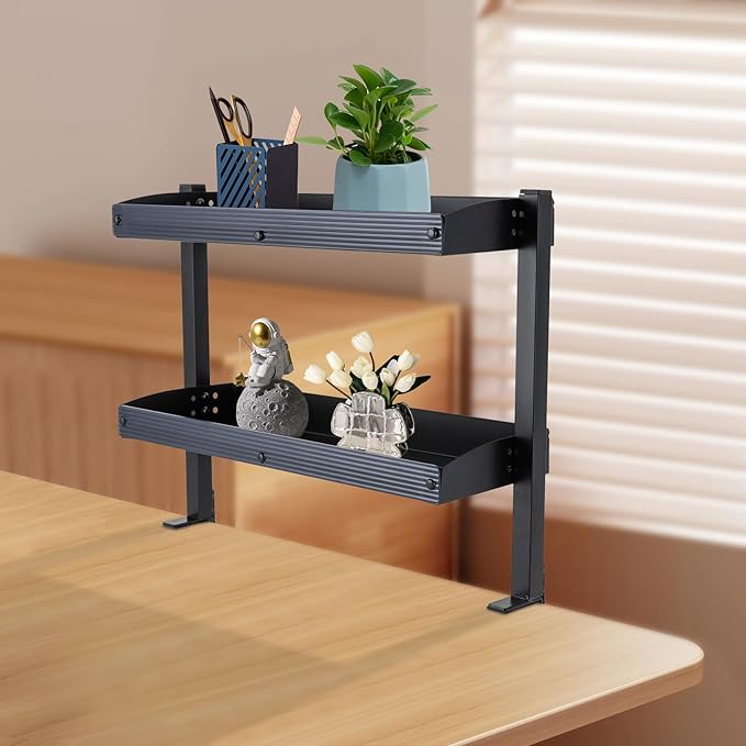 Clamp-on Desk Extension Shelf, 2 Tier Shelving Unit Above Desk, Carbon Steel 22lbs Strong Capacity Desk Organizer, Desktop Organizer Display Rack Storage Tray Desk Shelf, 17.32*15.47*6.in (black)