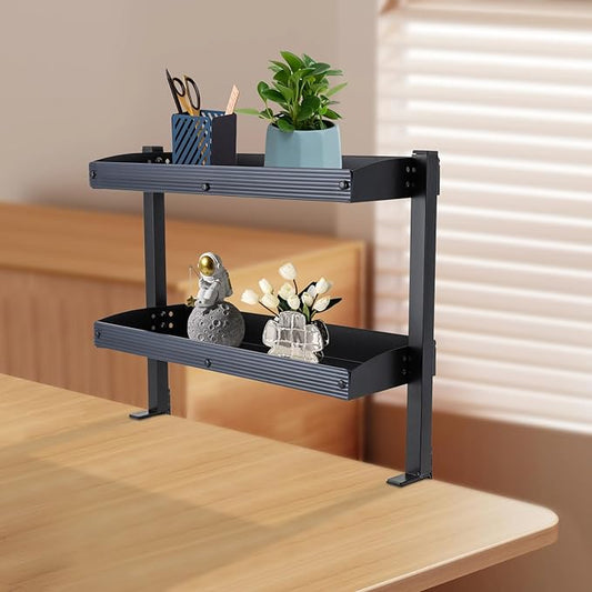 Clamp-on Desk Extension Shelf, 2 Tier Shelving Unit Above Desk, Carbon Steel 22lbs Strong Capacity Desk Organizer, Desktop Organizer Display Rack Storage Tray Desk Shelf, 17.32*15.47*6.in (black)