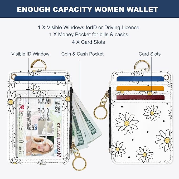Slim Wallet Credit Card Holder, White daisy V, RFID Wallet Women Cute Small Front Pocket Wallet With Zipper, PU Leather Thin travel RFID Blocking Card Case ID Window,Ladies Gifts