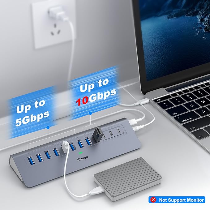 Powered USB Hub 10Gbps, intpw YH9AC 12-Port USB Splitter with USB A/USB C 3.2, 7 USB 3.0, 2 PD 45W Charging Ports, 65W Power Adapter + 3.3FT Cable, Aluminum USB Extender Hub for Laptop/PC/iPhone 16/15