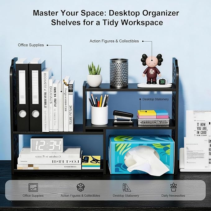 YGYQZ Desk Shelves Desktop Orgnizer Shelf-Black Office Organization for Top of Adjustable Desk Organizers and Corner Bookshelf Table Top Shelving Small Hutch Decorations for Women Office