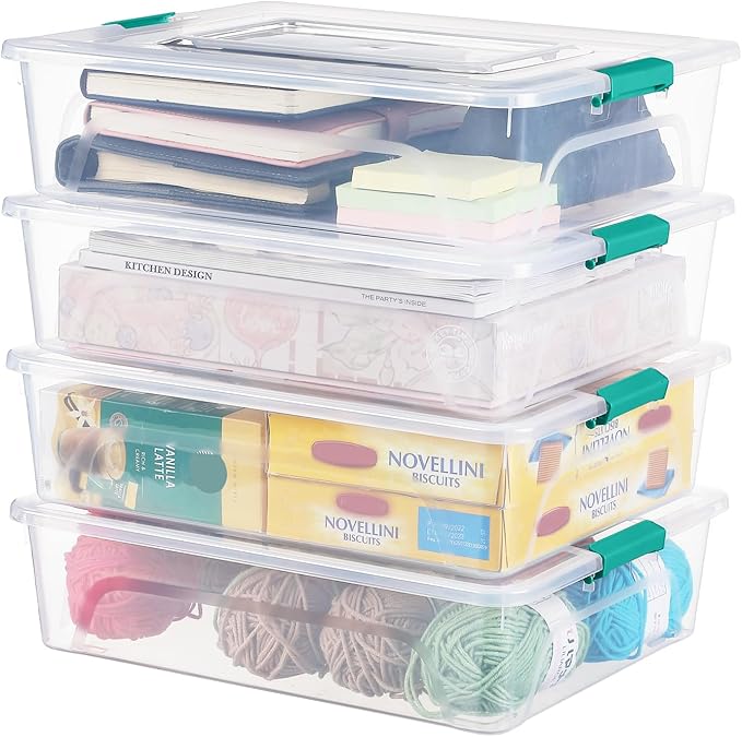 Plastic Storage Bin with Lid, Stackable Design, Clip Box for Crafts, Supplies and Office Items Container (4 Pack 10 Quart Green)
