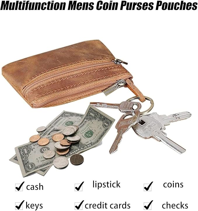 Coin Purse for Men,Coin Pouch with Zipper for Men Women,Genuine Leather Mini Coin Pocket Pouch Change Holder Mens Tray Purses Coin Purse Cash Change Wallet Key Holder Money Pouch