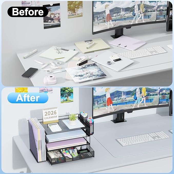 gianotter 4-Tier Paper Letter Tray + Monitor Stand with Storage (Black)