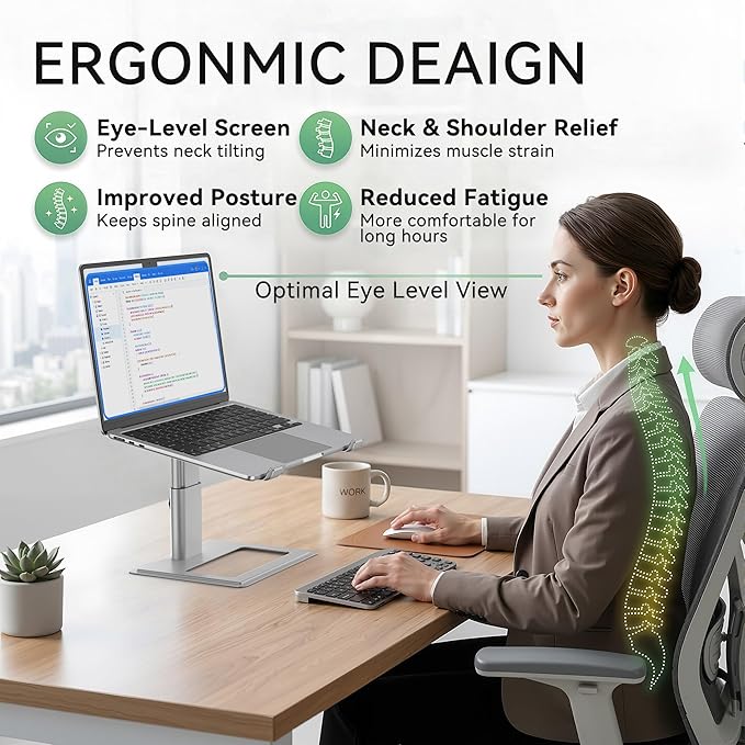 SOUNDANCE Adjustable Laptop Stand for Desk, Computer Stand, Ergonomic Laptop Riser Holder Compatible with 10 to 17.3 Inches Notebook PC Computer, Aluminum Silver