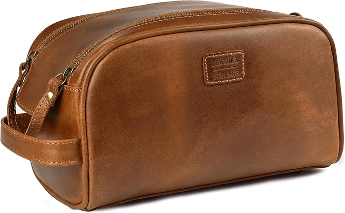 LEATHER VILLAGE Genuine Leather Toiletry Travel Bag With Waterproof Lining - Sun Tan | King-Size Handcrafted Vintage Dopp Kit Bag, Shaving & Bathroom Organizer, Gift for Men & Women