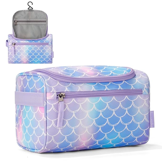 Choco Mocha Kids Toiletry Bag for Girls, Travel Hanging Waterproof Cute Toiletry Bag for Teens Girls Christmas Gifts, Mermaid Purple