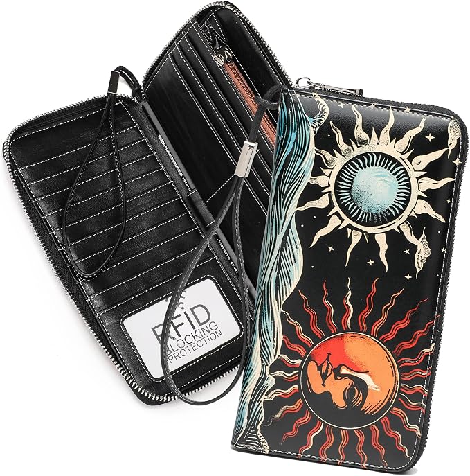 Rfid Blocking Wristlet Large Wallet for Women Credit Card Holder Bifold Designer Zipper Phone Long Wallet Purse Ice and Fire Sun