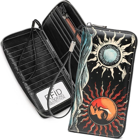 Rfid Blocking Wristlet Large Wallet for Women Credit Card Holder Bifold Designer Zipper Phone Long Wallet Purse Ice and Fire Sun