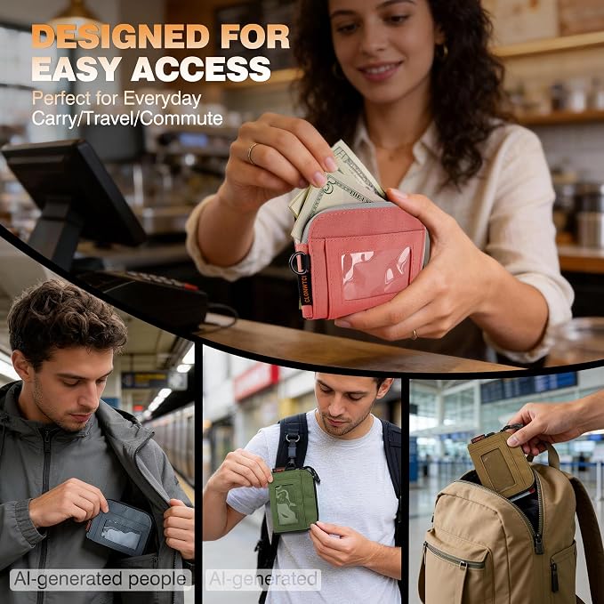 Coin Purse for Men, RFID Blocking 500D Nylon Small Wallet with Key Clip, Slim Front Pocket Card Holder, Zipper Coin Pouch & ID Window Organizer for Cards, Cash