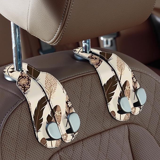 CoBak Purse Hook for Car - Universal Premium Stitched Leather and Aluminum-Magnesium Alloy Double Car Seat Back Storage Hook for Purses, Handbags, Bags (2 Pack),Feather