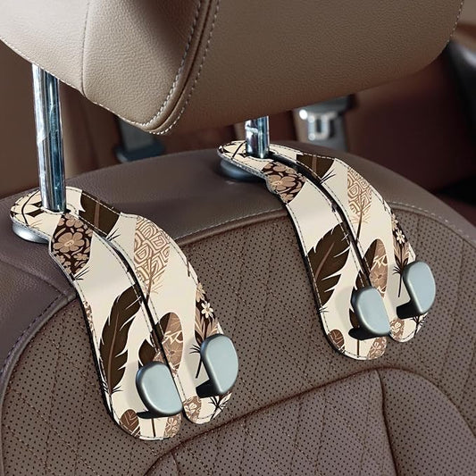 CoBak Purse Hook for Car - Universal Premium Stitched Leather and Aluminum-Magnesium Alloy Double Car Seat Back Storage Hook for Purses, Handbags, Bags (2 Pack),Feather