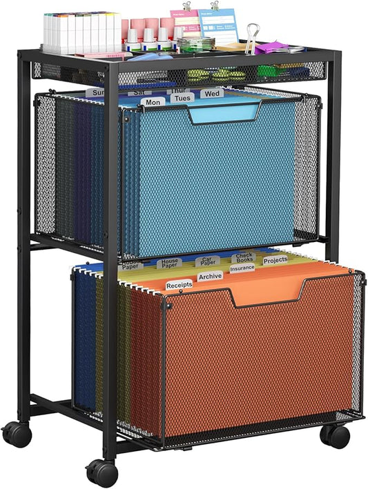 Rolling File Cart with 2 Drawers, Under Desk Storage Cabinet with DIY Divider, Letter/Legal Mobile Filling Cabinet on Wheels, Hanging File Folders Organizer, Metal Utility Cart for Home Office, Black