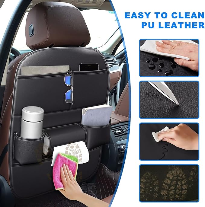 Back Seat Protector 2 Pack Fit For Ford F150 Car Kick Mats with Cup & Tissue Storage Organizer Pockets Waterproof Dirt Proof Faux Leather Auto Accessories For Kids(1 Pair Black)