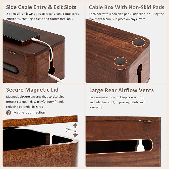 Large Acacia Wood Cable Management Box - Cord Hider & Organizer for TV Wires, Power Strip, Electrical Hiding, Desk & Floor Cables - Solution Wire Storage Solution for Office, Living Room, Bedroom