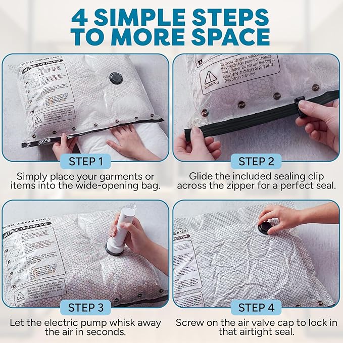 9-Pcs Travel Vacuum Bags with Electric Pump - Vacuum Storage Bags for travel - Space Saver for Clothes - Packing Cubes for Luggage & Suitcases - With Portable Cordless Pump