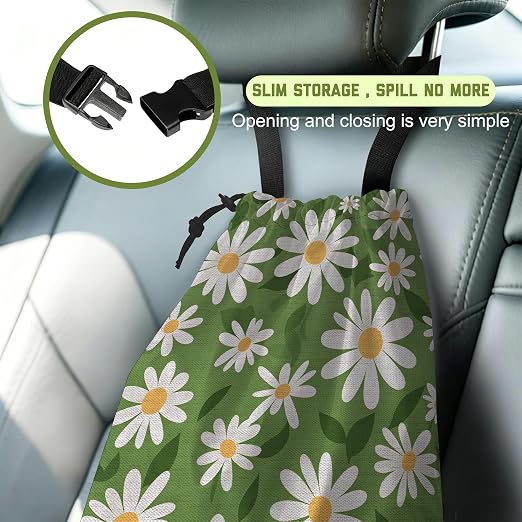 Car Garbage Bag Green Daisy Floral Drawstring Car Trash Bag Hanging for Back Seat with Adjustable Buckle Canvas Vehicle Trash Can Easy-to-Install for Car Accessories Vehicle Travelling Camping