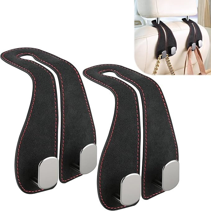 SINGARO 2PCS Car Purse Holder Hook, Seat Back Storage Hook, Leather-Wrapped Alloy Double Headrest Hook for Purses & Bags, Cute Car Interior Accessories for Women and Men, Black