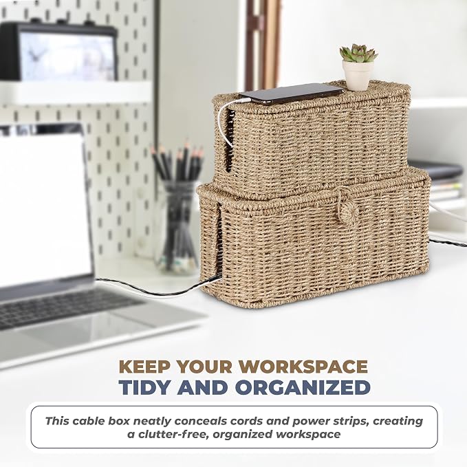 2-Pack Large Cable Management Box, Natural Rattan Cable Cord Organizer Boxes for Power Strip – 2 Open Slots Cords Hider Box for TV Wires, Computer, Router, USB Hub and Under Desk Power Strip