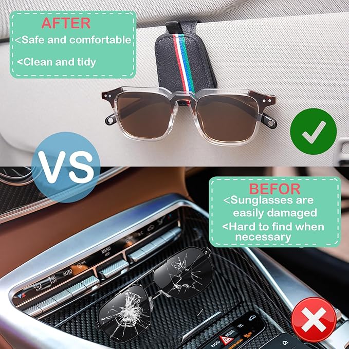 Sunglasses Holder for Car Visor - Universal Car Eyeglass Glasses Magnetic Clip - 2 Pack Leather Car Convenient and Fashion Sunglass Organizer Hanger Clip Ticket Card Clip Interior Accessories (Black)