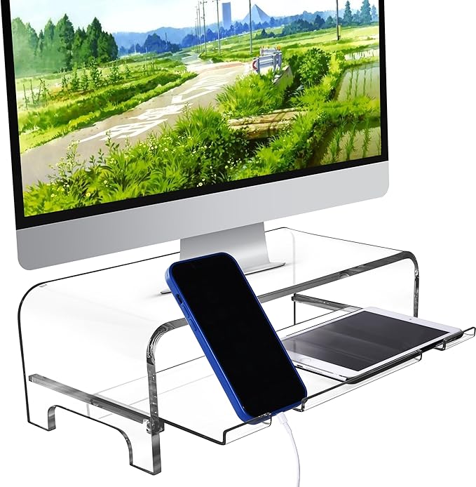 Mnixy AMT Premium Acrylic Clear Monitor Riser Laptop/PC/Multimedia Monitor Stand for Home Office (Large)