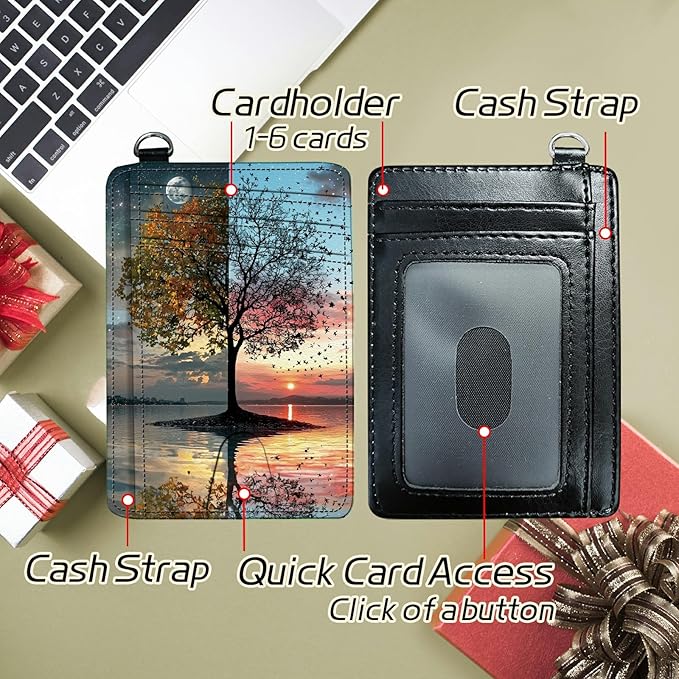 Small Travel Wallets, Day and Night Art Tree Slim Minimalist Front Pocket Wallet with Wristlet, RFID Blocking PU Leather Credit Card Holder with ID Window Change Purse for Men Women