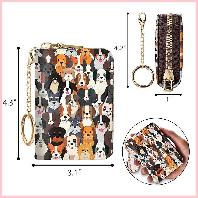Blusabaca RFID Credit Card Holder Wallets for Women, Small Dog Puppy Card Case Wallet with Keychain and Zipper, Leather Card Holder Pocket Business Card Accordion Wallet