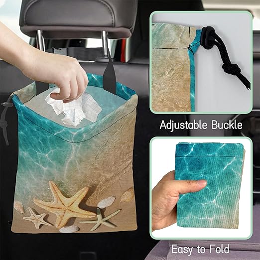 Starfish Seashell Car Trash Bag,Hanging Drawstring Car Garbage Bag,Waterproof Canvas Car Back Seat Organizer with Adjustable Buckle,for Vehicles,SUVs,Camping,Road Trips