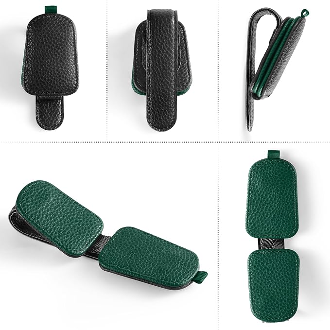 SINGARO Sunglasses Holder for Car, Leather Magnetic Buckle Sun Visor Sunglass Clip, Ticket Card Storage Glasses Clip, Car Interior Accessories for Men and Women（Black-Green）