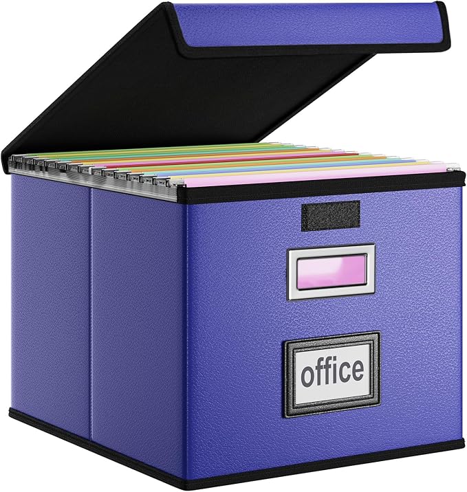 File Organizer Box with Lid, Collapsible Leather File Folder Organizer for Office Document Storage, Filing Box with Plastic Slide for Letter/Legal Size Hanging Files,Navy Blue