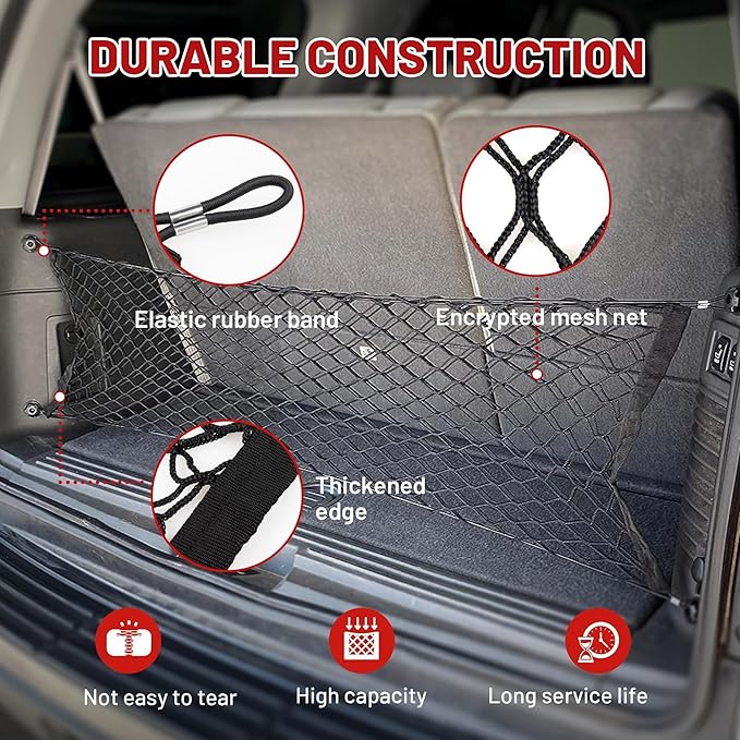 RED WOLF Envelope Style Cargo Net for 2011-2022 Jeep Grand Cherokee Wrangler Commander TJ TL Compass Trunk Bed Grocery Net Elastic Mesh Organizer Storage Net SUV Rear Tailgate Netting 43.3" x 15.7"