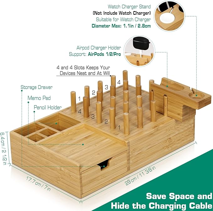 Bamboo Charging Station for Multiple Devices - Darfoo Wood Charging Dock Organizer with Drawer, 7 USB Charging Ports Compatible with Cell Phones, Tablet, Smart Watch & Earbud