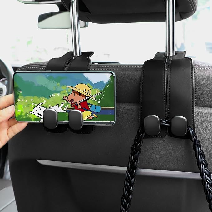 Amelity Car Seat Back Storage Hook, 2 Pack Car Headrest Hooks, Cute Car Purse Hanger for Handbags, Purses, Bags, Daily Car Accessories - Black