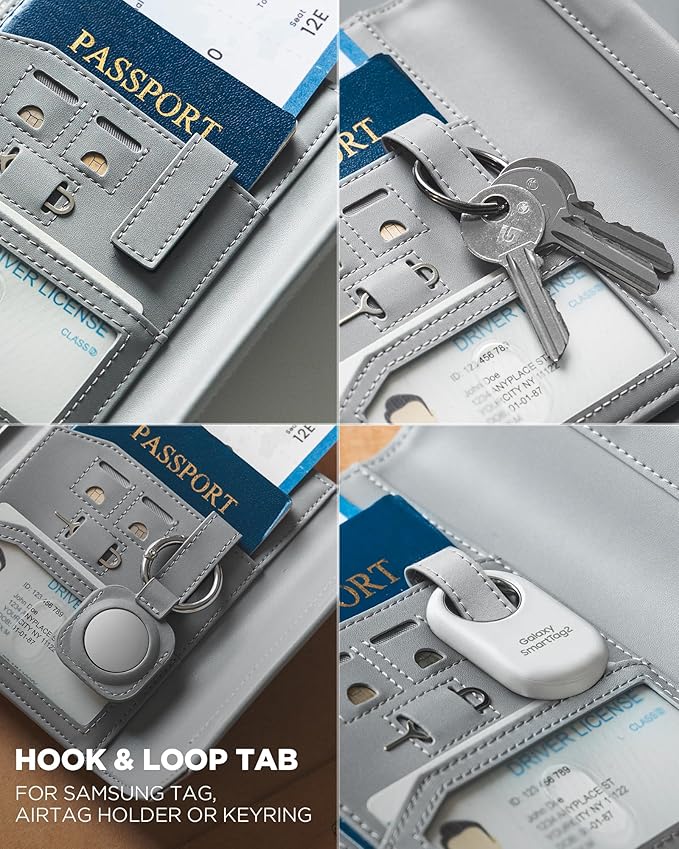 VULKIT RFID Blocking Leather Passport & Card Holder, Dual Person Travel Passport Wallet with Secure Magnetic Closure, Grey