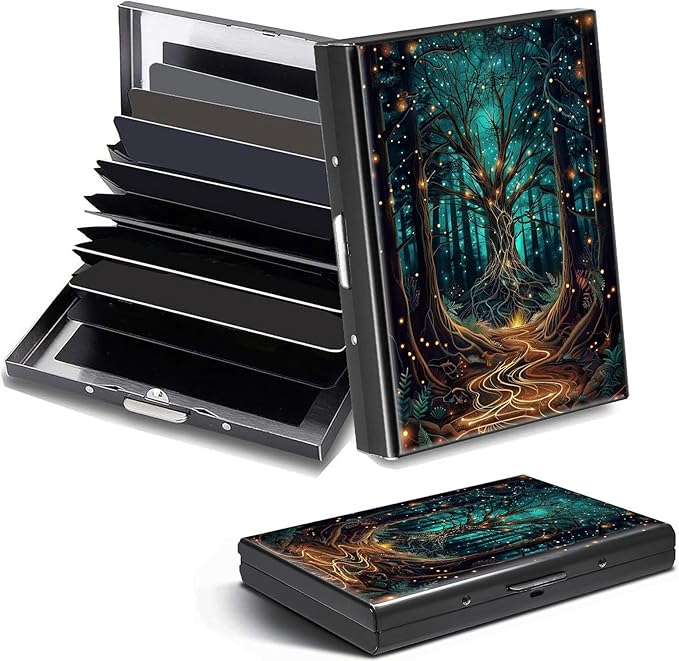 Credit Card Holder, Forest Design Mini RFID Blocking Aluminum Wallet Slim Metal Hard Case Shell Travel Wallet ID Case Small Credit Cards Case Business Cards for Women Men Girls