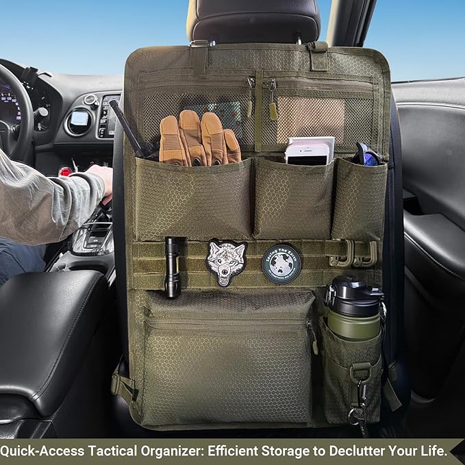 Tactical Car Seat Organizer with Multiple Pockets, MOLLE Panel System & Mesh Compartments, Durable Nylon Universal Vehicle Seat Back Storage with Cup Holder, Water-Resistant (Army Green)