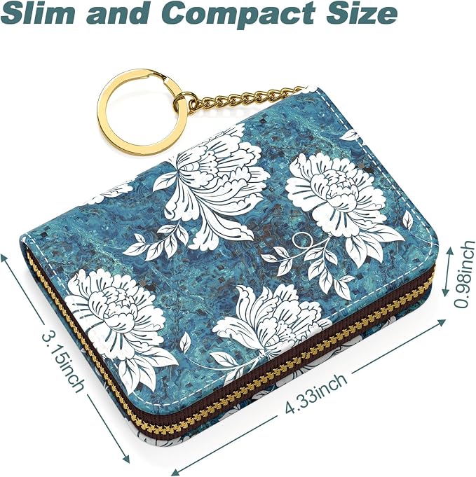 Nipichsha Credit Card Holder, Small RFID Card Wallet for Women, Slim Leather Card Holder Wallet, Credit Card Wallet Organizer, Pocket Business Card Case with Zipper & Keychain, White Flowers