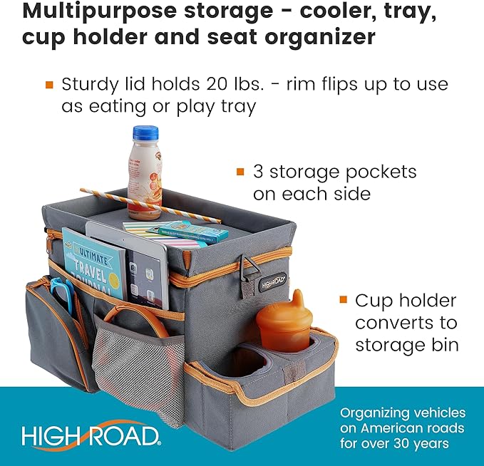 High Road CarHop Car Caddy Organizer with Road Trip Cooler, Car Cup Holder Bin, Sturdy Snack and Play Lid and 6 Organization and Storage Pockets, Gray