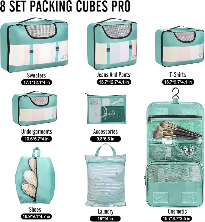 Veken 8 Set Packing Cubes for Travel Essentials, Suitcase Organizer Bags in 4 Sizes, Carry-On Luggage Accessories with Laundry Bag, Airplane Must Have, Gifts for Women Men