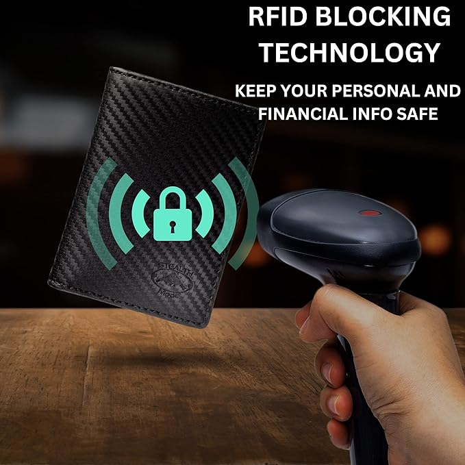 Stealth Mode Men's Slim Front Pocket Wallet - RFID Blocking, Thin Minimalist Design, Genuine Leather - ID Badge Window and 5 Sleeves for Money, Credit Cards, Driver License (Carbon Fiber Leather)