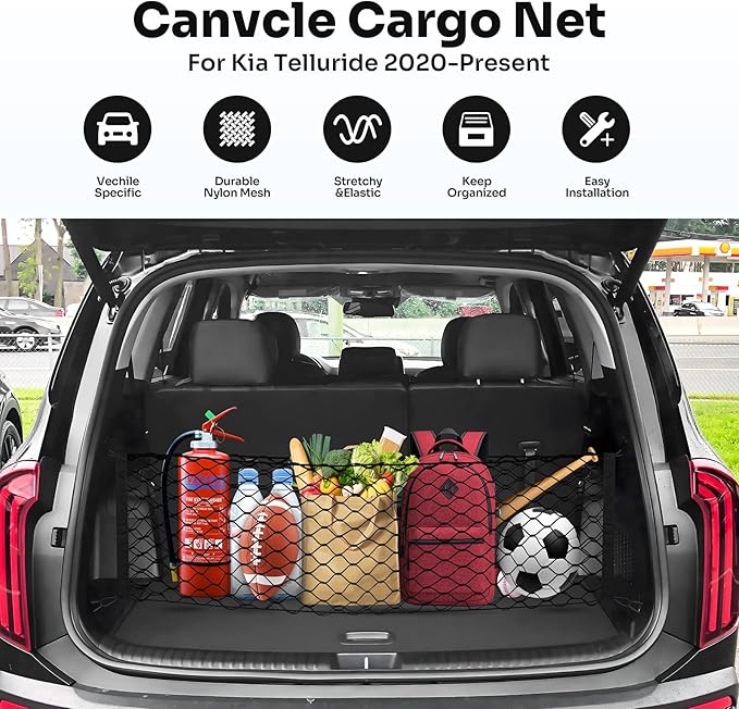 Canvcle Trunk Cargo Net for 2020-2026 Kia Telluride Accessories Envelope Style Mesh Trunk Net Organizer and Storage Stretchable Adjustable Elastic Nylon Rear Cargo Netting with Hooks