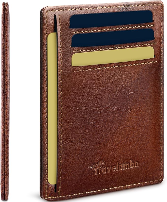 Travelambo 100% Genuine Leather Wallet for Men and Women, Slim Minimalist RFID Blocking Front Pocket Credit Card Holder with Gift Box(Brick Brown)