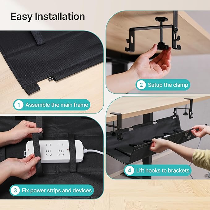 No Drill Under Desk Cable Management Tray, 31.5" Cord Management Under Desk for Table, Clamp Mount Desk Cable Management, Premium Fabric Wire Management Tray for Office, Home