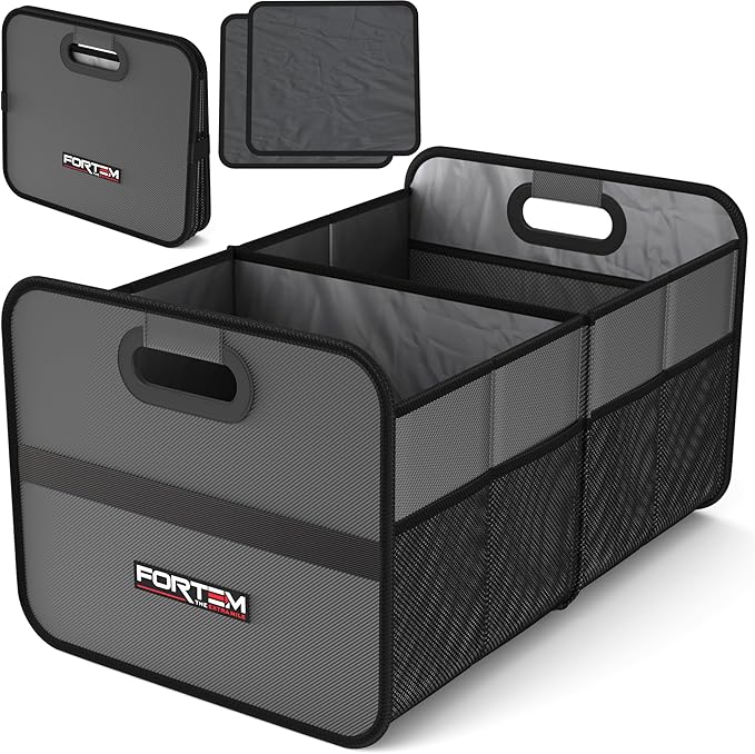 FORTEM Car Trunk Organizer, Collapsible Two Compartment Organizer, Foldable SUV & Truck Storage for Car Accessories for Women Men, Non Slip Bottom, Sturdy Side Walls, Strong Handles, 45L