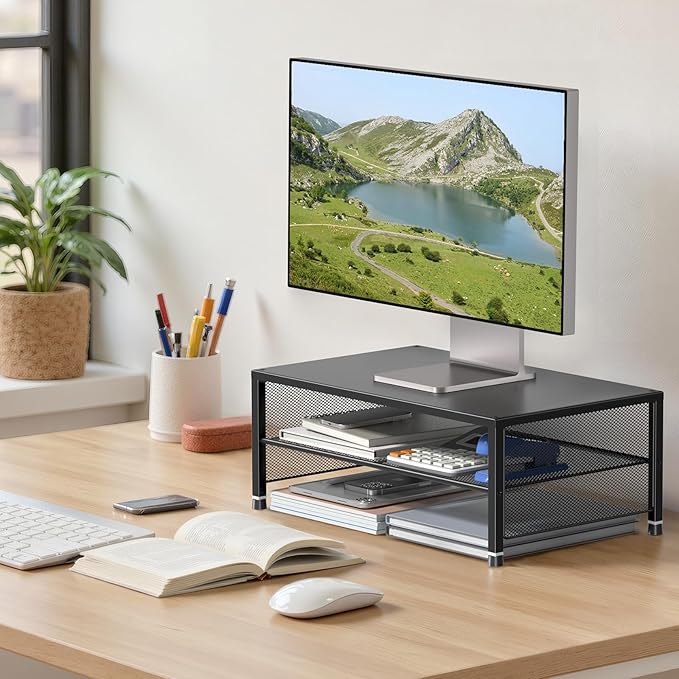 ECOLOVI 2-Tier Computer Monitor Stand Riser, Desk Organizer for Monitor, Printer & Laptop Stand, Desktop Workspace Organizers for Office Supplies(Black 2-Pack)