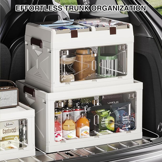 Closet Organizer and Storage Box, Large Essential Collapsible Plastic Car Trunk Container with Clear Lids and Doors, Open Front Multifunctional Stackable Bin for Bedroom, Dorm Room, Craft 36 L