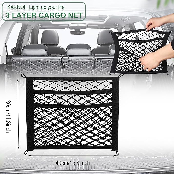 3 Layer Small Cargo Net,Cargo Storage Pocket Net, Mesh Elastic Pouch Organizer with Mounting Screws Hooks for Car,Rv, Trunk,Boats,SUV, Truck (2 Pack,11.8 x 15.8Inch(30 x40cm)