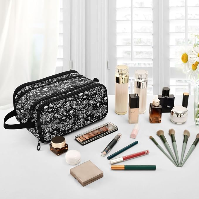 MNSRUU Large Capacity Makeup Bag, Digital Skull Head Moth Cosmetic Bag Portable Toiletries Pouch with Compartments Makeup Organizer Case for Travel Women