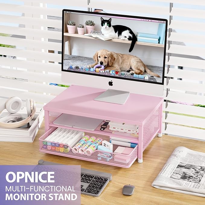 OPNICE Computer Monitor Stand Riser, Desk Organizer with Drawer, Printer & Laptop Stand, Office Desk Accessories & Workspace Desktop Organizers Storage for Office Supplies(Pink)